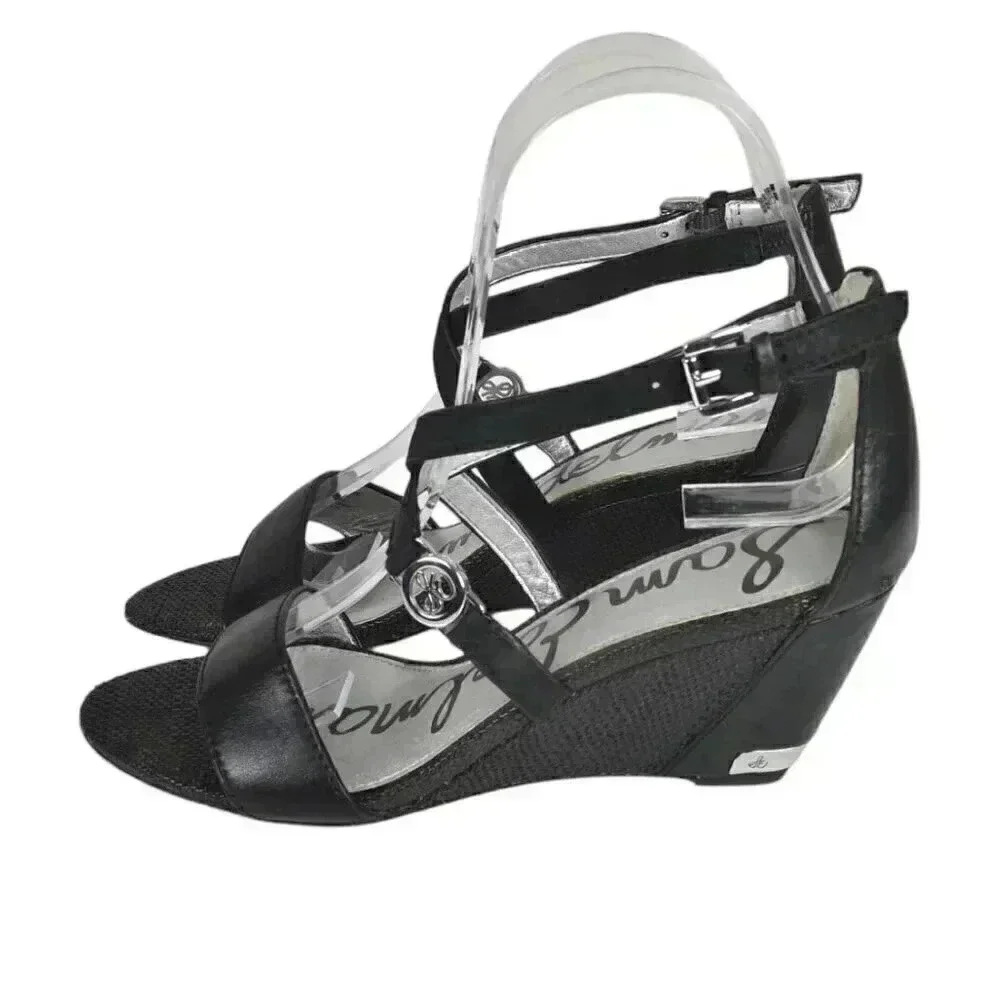 Sam Edelman Leather Wedge Sandal Heel  Black Size 6 - Picture 7 of 14